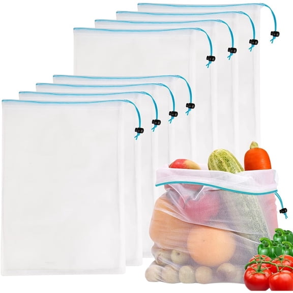 8 Reusable Blue Mesh Produce Bags - Large (12"x17") Washable See-Through Mesh for Fruit, Veg, Toy Storage