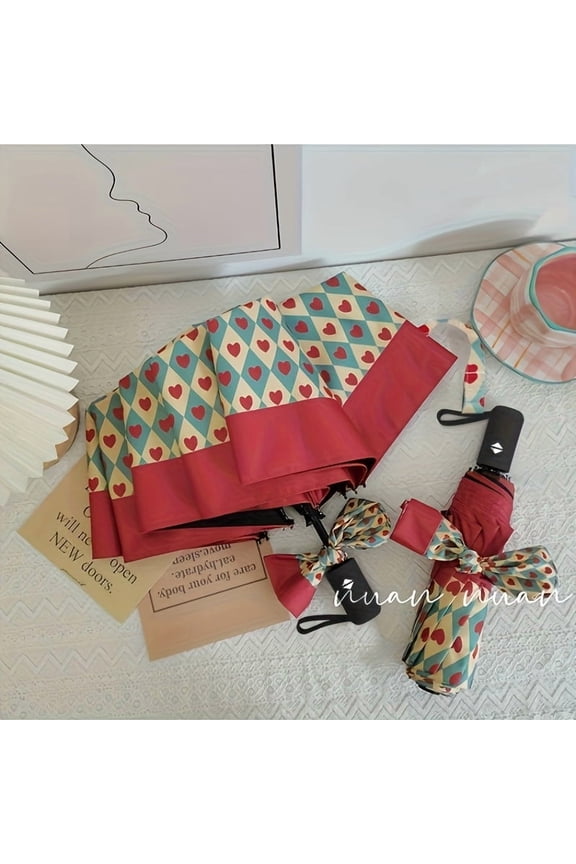 8-Rib High-Appearance Tri-Fold Rust Red Heart Vintage Sun Umbrella.