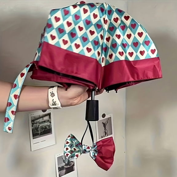 8-Rib High-Appearance Tri-Fold Rust Red Heart Vintage Sun Umbrella.