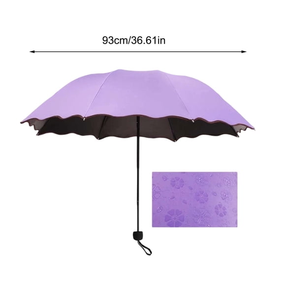 8-Rib Manual Open Umbrella, UV Protection Black Coated Parasol, Water-Activated Flower Folding Umbrella for Women, Travel & Outdoor, Windproof Compact Design, Purple