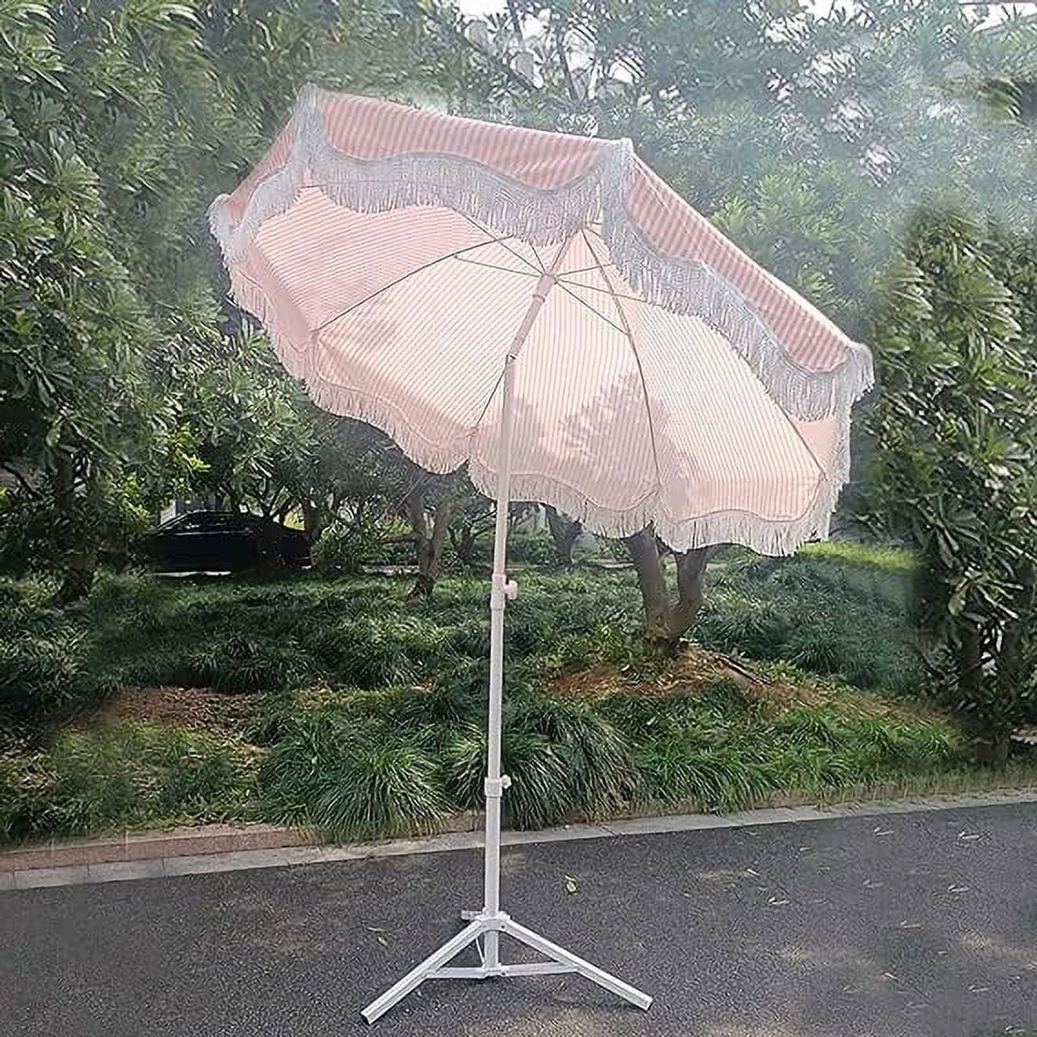 8 Ribs Outdoor Beach Umbrella with Fringe Pink Stripe Outdoor Umbrellas for Patio Garden Backyard Tilt Patio Umbrellas 6ft Pool Umbrella Portable with Adjustable Height UV50+ Waterproof