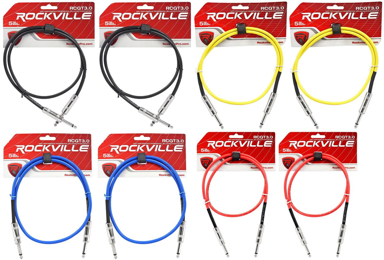8 Rockville 3'  1/4" TS - 1/4'' TS Guitar/Instrument Cable (4 Colorsx 2 of each)