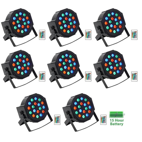 (8) Rockville BATTERY PAR 50 Rechargeable LED DMX DJ Club Wash Up-Lights+Remote