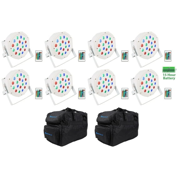 (8) Rockville BATTERY PAR 50 White Rechargeable LED DMX DJ Wash Up-Lights+Bags