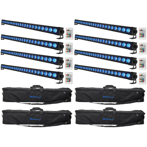 8 Rockville BATTERY STRIP 24 Rechargeable RGBW DMX DJ Wash Light Bars+Carry Bags