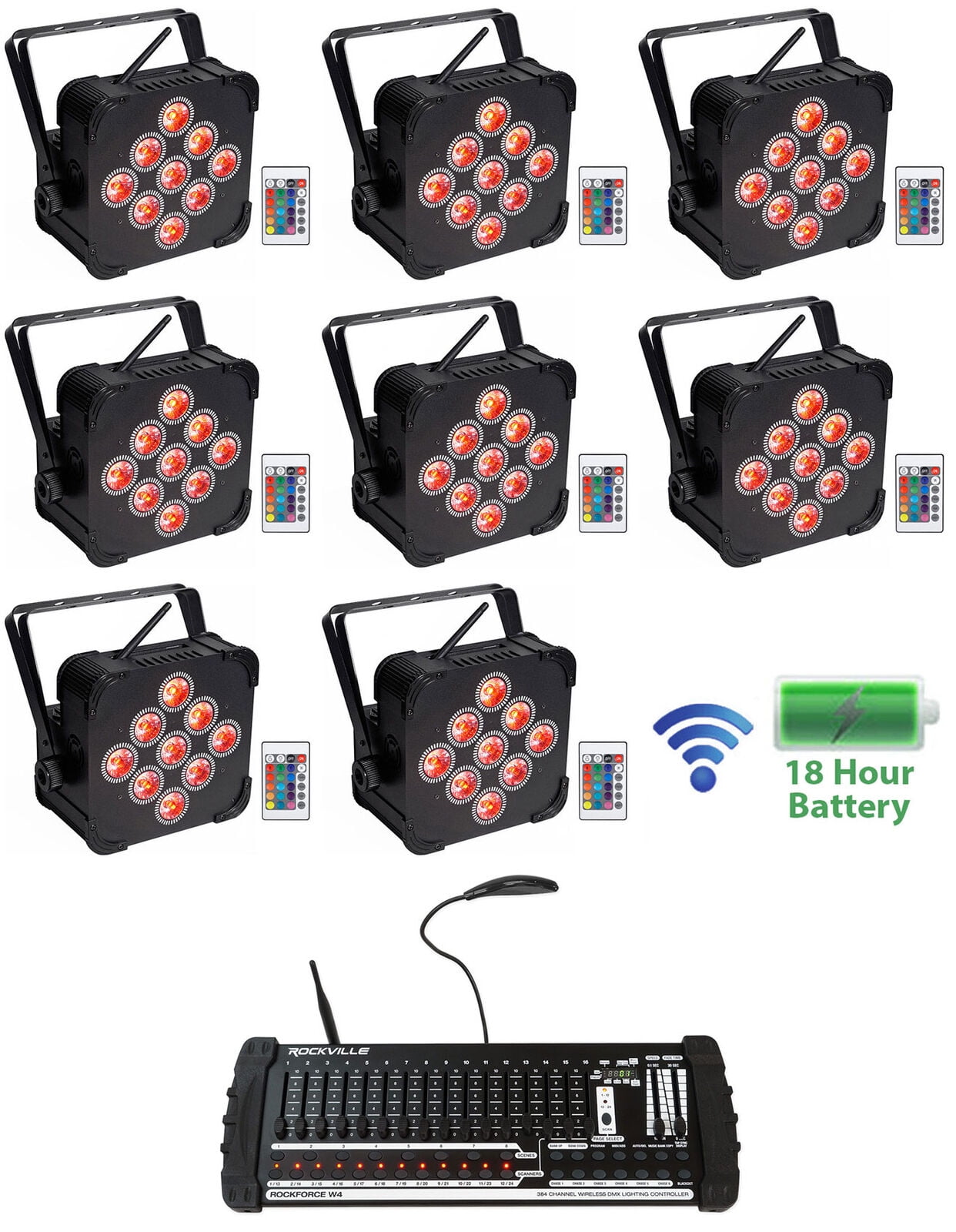 (8) Rockville BEST PAR 60 Battery Wash Lights Wireless DMX+384 Ch