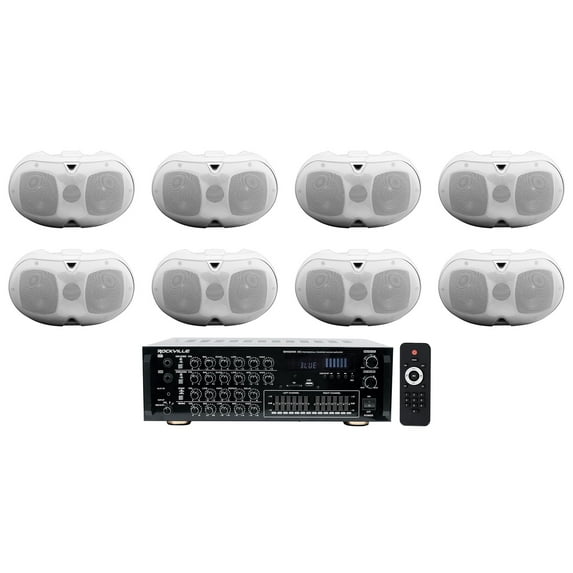 (8) Rockville Dual 4" White 16 Ohm Outdoor Restaurant Patio Speakers+Receiver