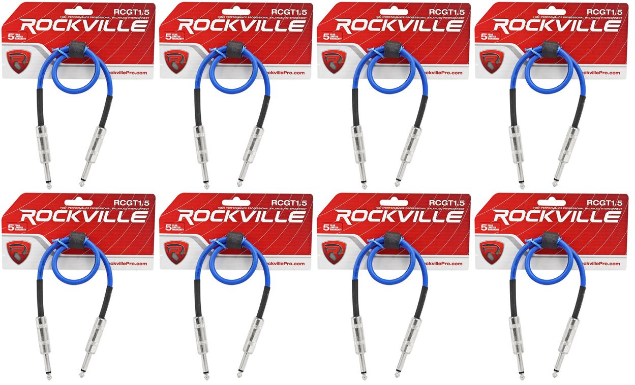 8 Rockville RCGT1.5BL 1.5'  1/4" TS to 1/4'' TS Guitar/Instrument Cable