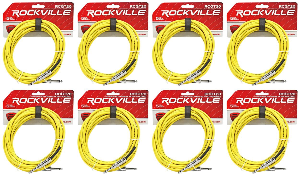 8 Rockville RCGT20Y 20'  1/4" TS to 1/4'' TS Guitar/Instrument Cable