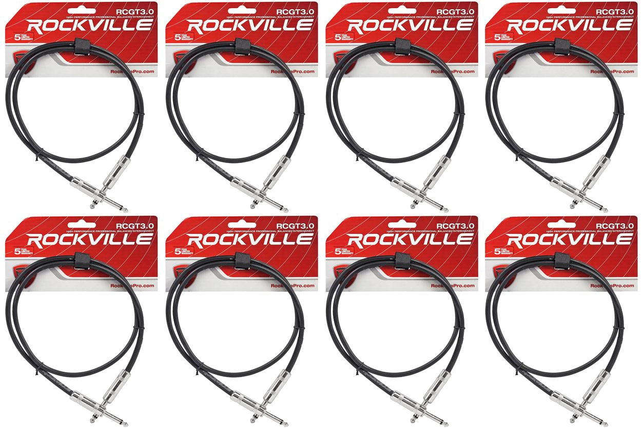 8 Rockville RCGT3.0B 3'  1/4" TS to 1/4'' TS Guitar Pedal Board/Instrument Cable