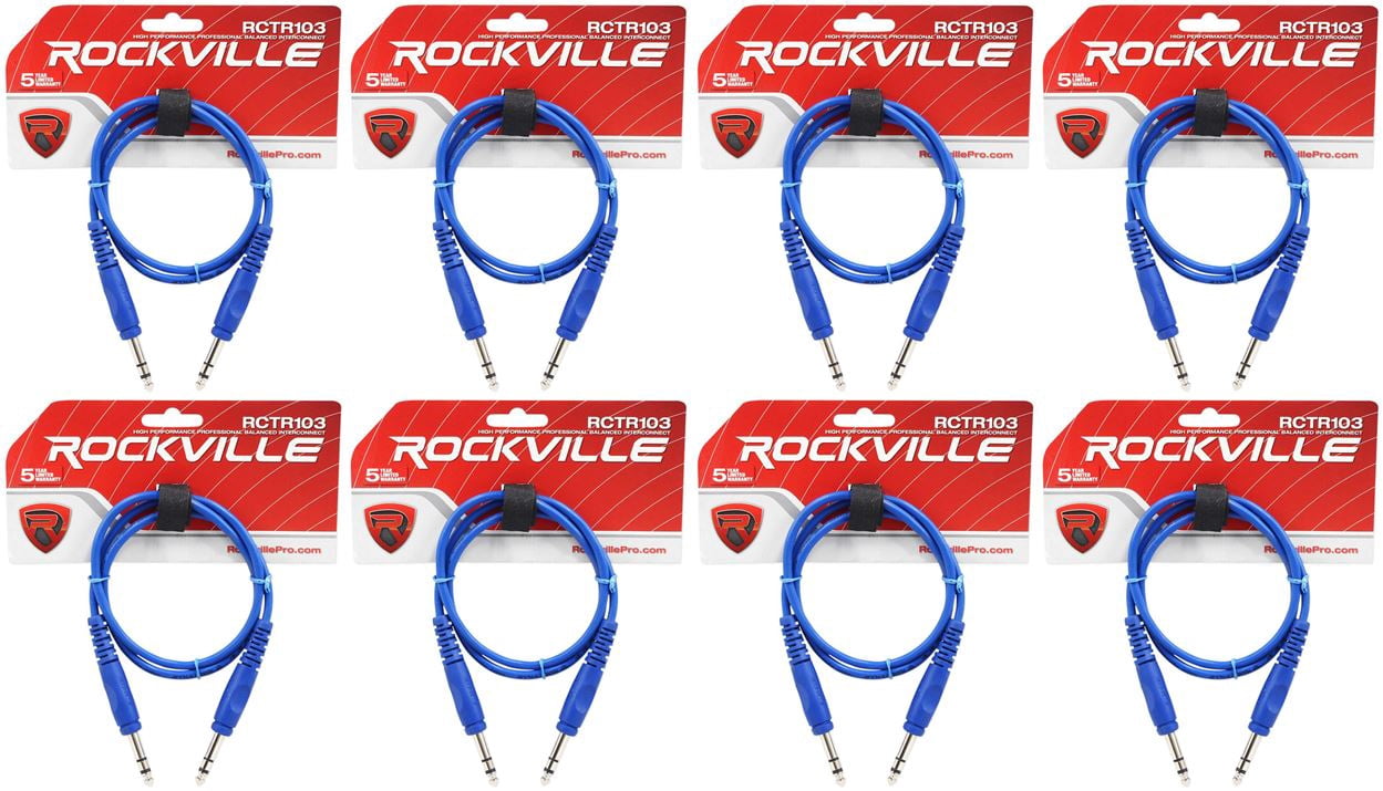 8 Rockville RCTR103BL Blue 3' 1/4'' TRS to 1/4'' TRS Cable 100% Copper