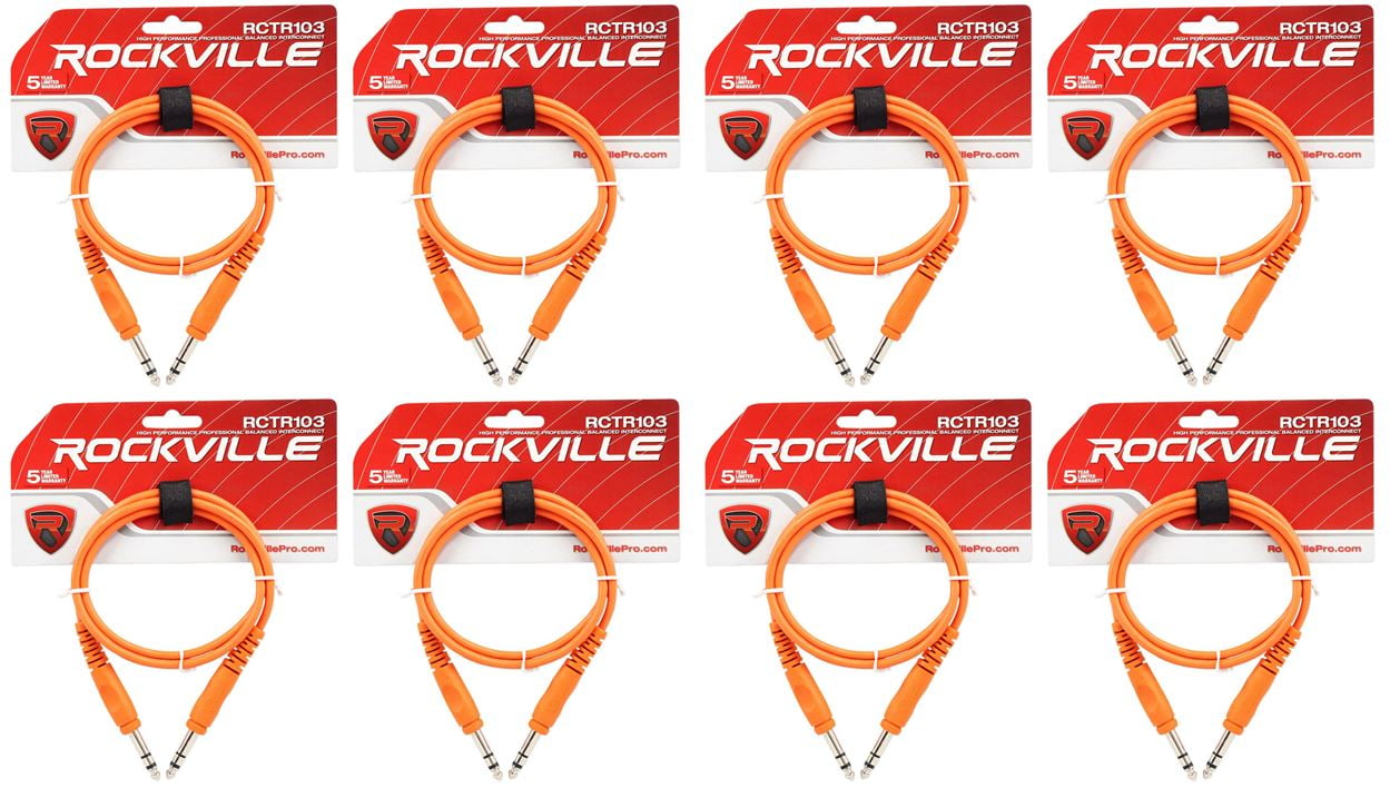 8 Rockville RCTR103O Orange 3' 1/4'' TRS to 1/4'' TRS Cable 100% Copper