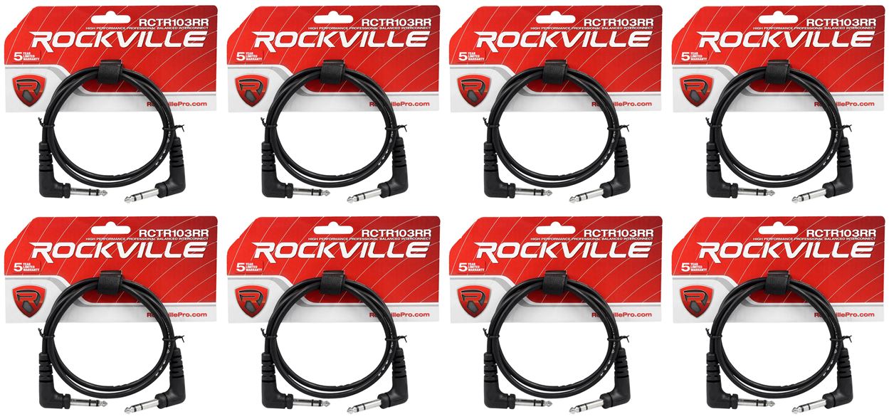 8 Rockville RCTR103RR-B 3' Black 1/4" TRS Right Angle to Same Cable 100% Copper