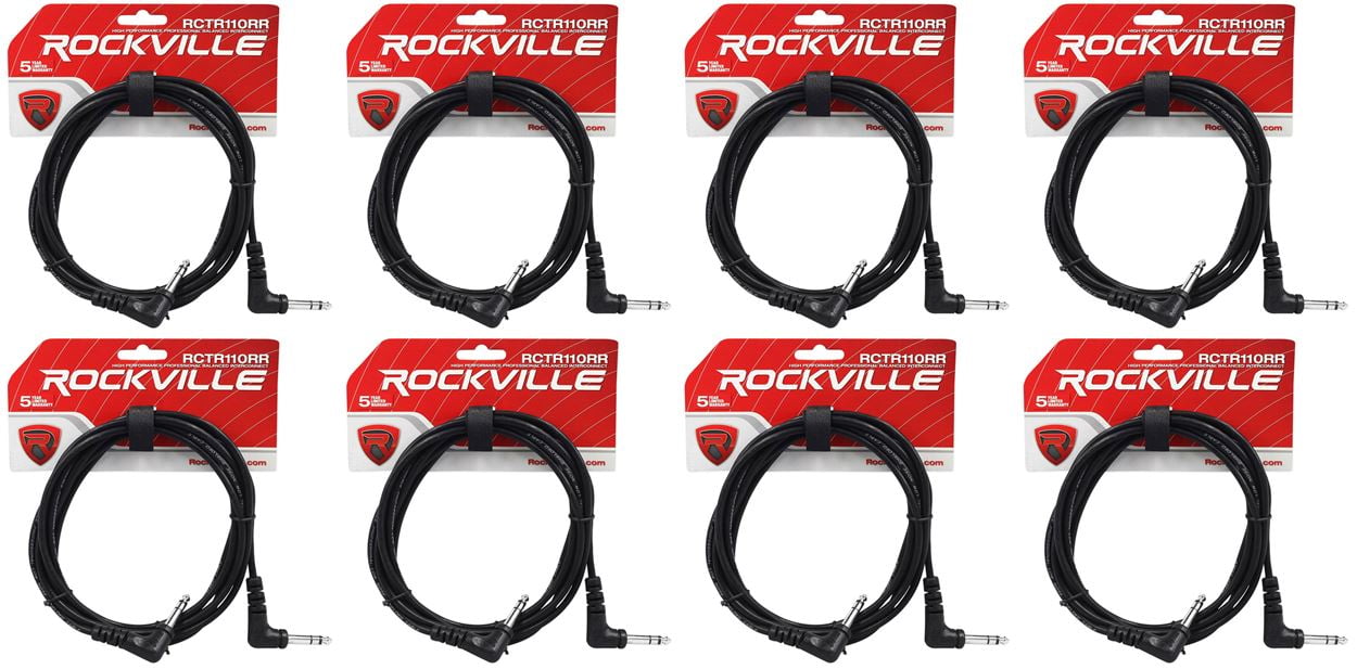 8 Rockville RCTR110RR-B 10' Black 1/4" TRS Right Angle to Same Cable 100% Copper