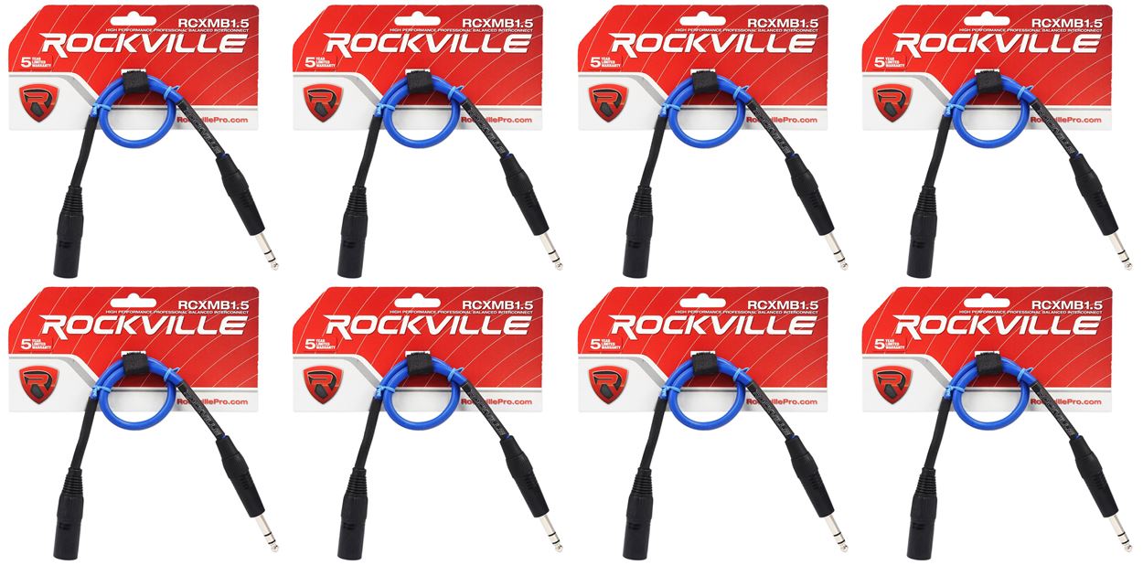 Rockville RCXMB1.5BL Blue 1.5ft Nickel Plated REAN XLR Male to 1/4-in