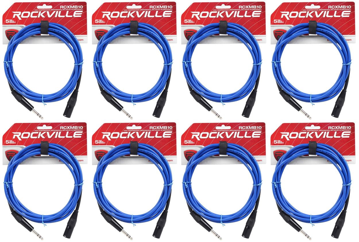 8 Rockville RCXMB10-BL Blue 10' Male REAN XLR to 1/4'' TRS Balanced Cables