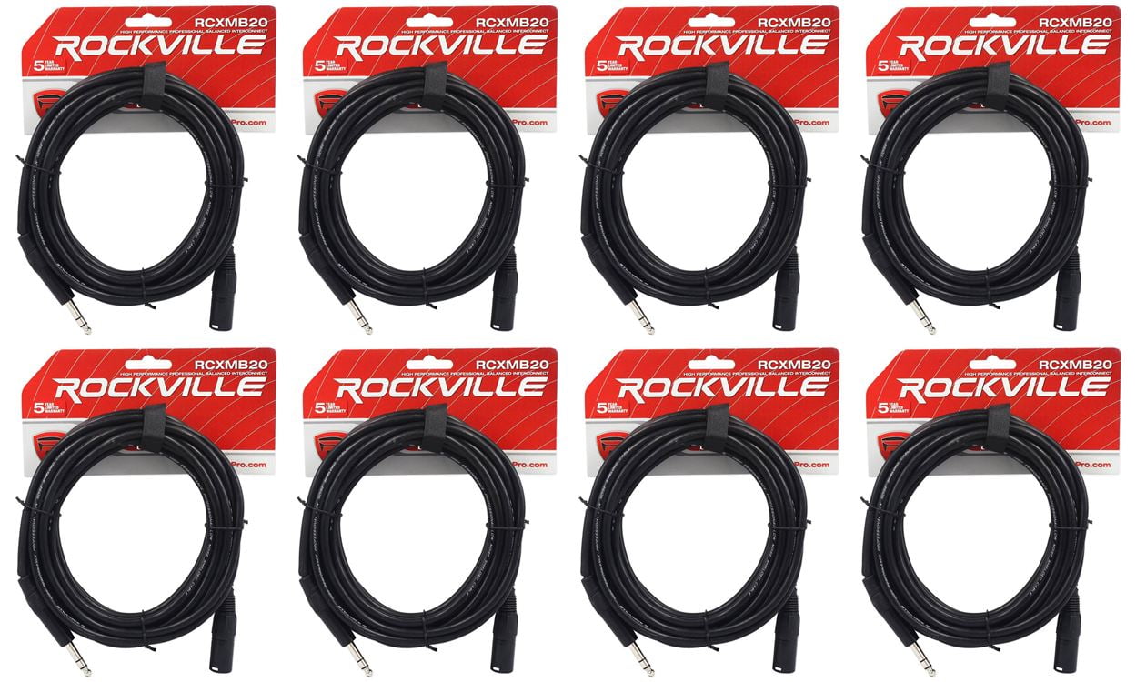 8 Rockville RCXMB20-B Black 20' Male REAN XLR to 1/4'' TRS Balanced Cables