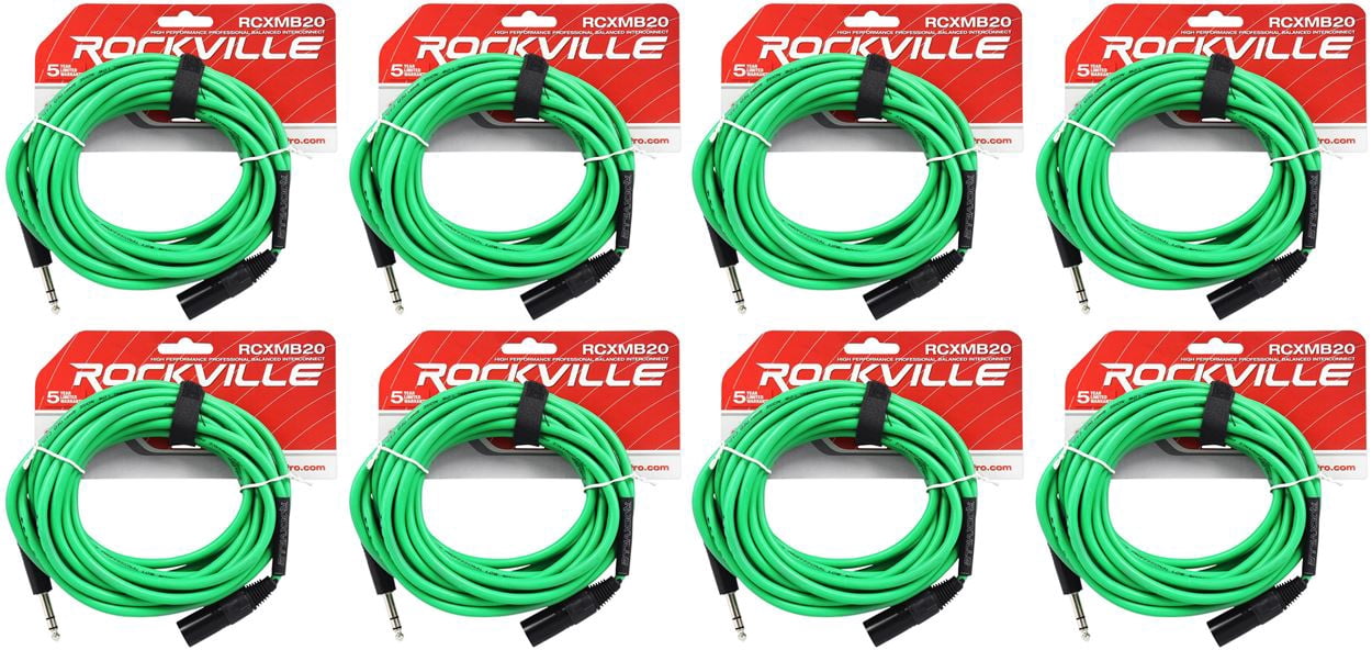 8 Rockville RCXMB20-G Green 20' Male REAN XLR to 1/4'' TRS Balanced Cables