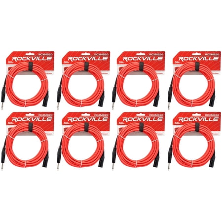 8 Rockville RCXMB20-R Red 20' Male REAN XLR to 1/4'' TRS Balanced Cables
