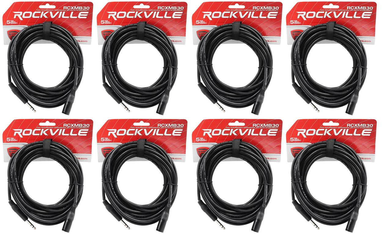 8 Rockville RCXMB30-B Black 30' Male REAN XLR to 1/4'' TRS Balanced Cables