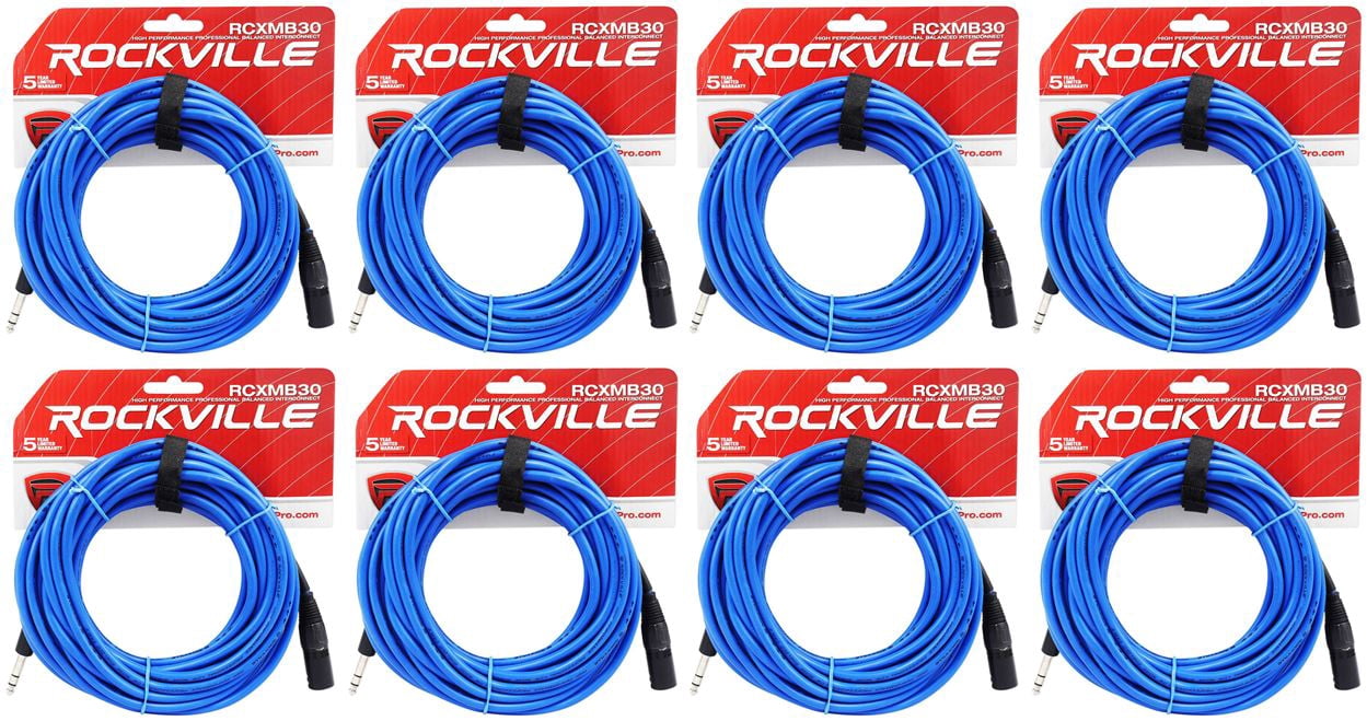 8 Rockville RCXMB30-BL Blue 30' Male REAN XLR to 1/4'' TRS Balanced Cables
