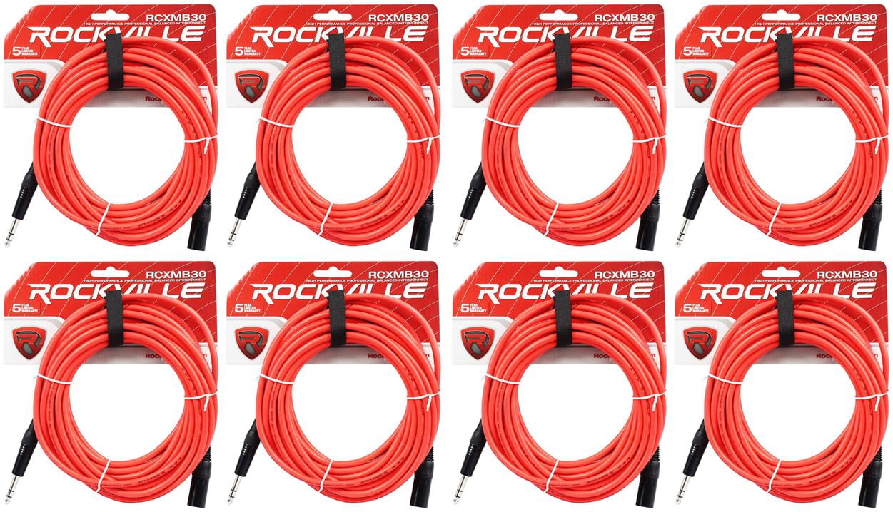8 Rockville RCXMB30-R Red 30' Male REAN XLR to 1/4'' TRS Balanced Cables