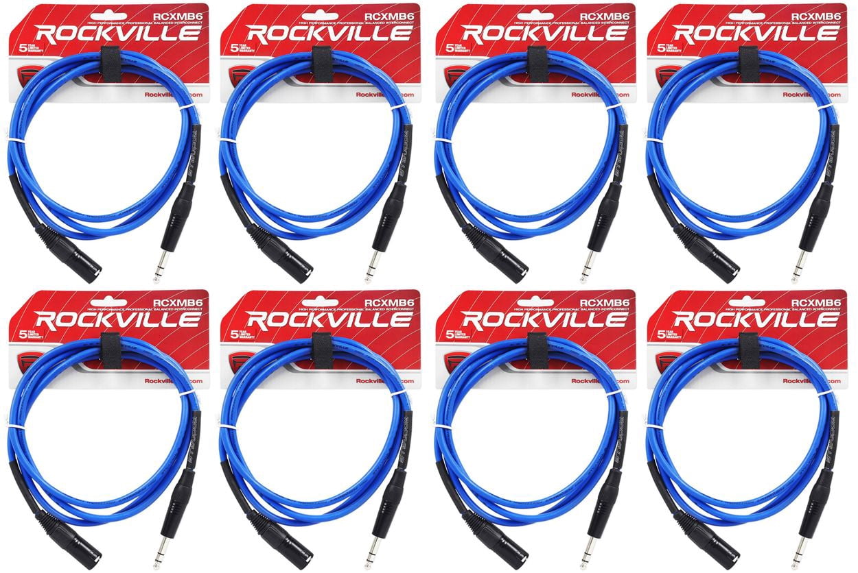 8 Rockville RCXMB6-BL Blue 6' Male REAN XLR to 1/4'' TRS Balanced Cables