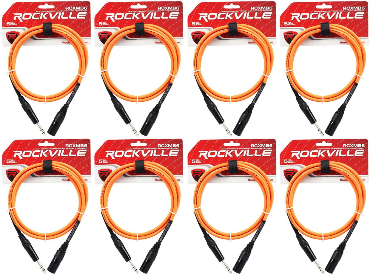 8 Rockville RCXMB6-O Orange 6' Male REAN XLR to 1/4'' TRS Balanced Cables