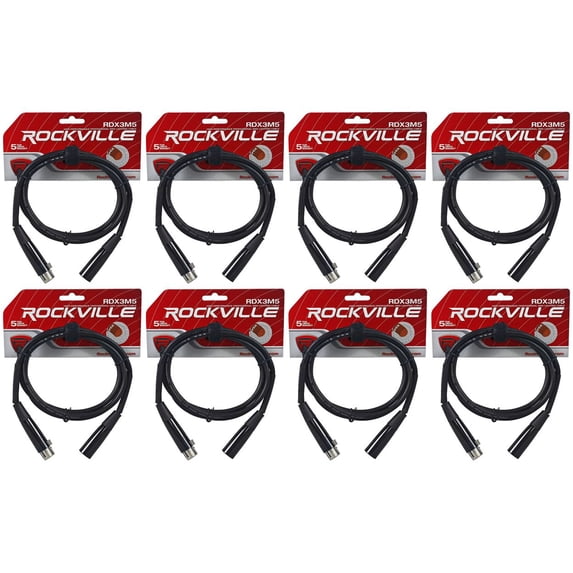 (8) Rockville RDX3M5 5 Foot 3 Pin DMX Lighting Cables 100% Copper Female to Male