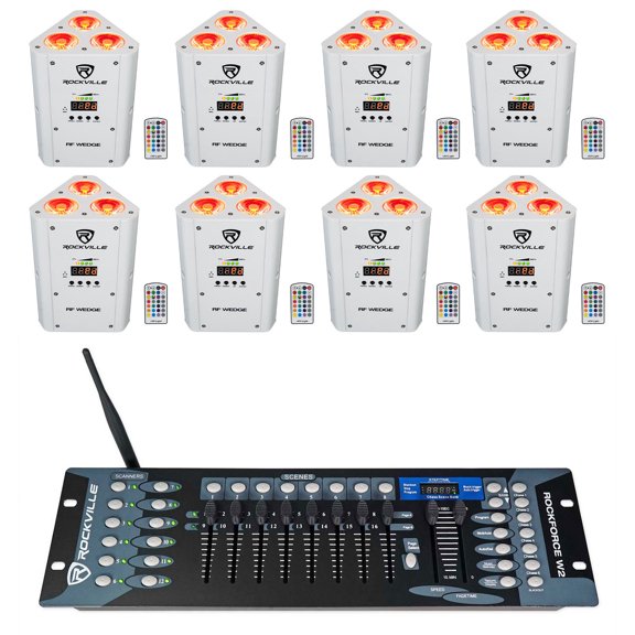 (8) Rockville RF WEDGE WHITE RGBWA+UV Battery Wireless DMX Up Lights+Controller