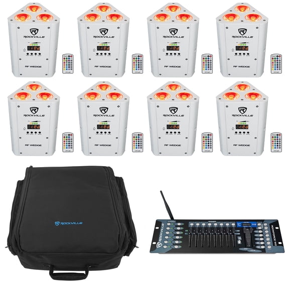 (8) Rockville RF WEDGE WHITE RGBWA+UV Wireless DMX Lights+Backpack+Controller