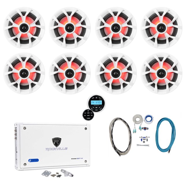 (8) Rockville RKL65MBW 6.5" 700w Marine LED Speakers+Receiver+Amplifier