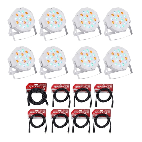 (8) Rockville RockPAR50 WHT LED RGB Par Can DJ/Club DMX Wash Lights+Cables