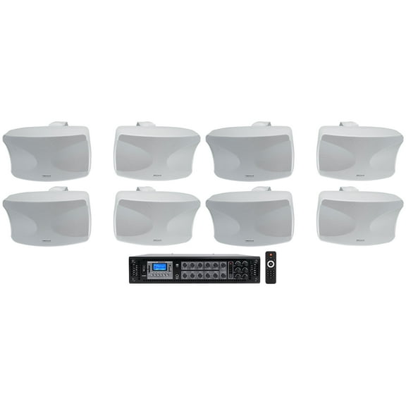 (8) Rockville WET-44 PRO Dual 4" 4-Way Swivel 70V Commercial Speakers in White+Amp