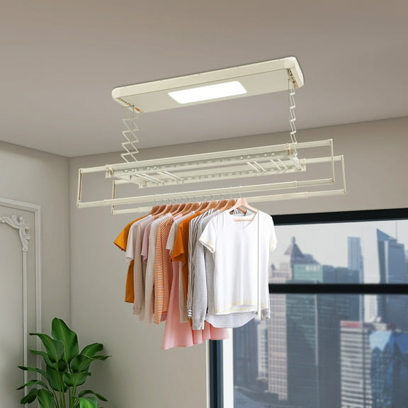 8 Rods Ceiling-Mounted Clothesline Resealable Vertical Drying Rack Led Light 24W 49.21 *12.2*2.76 in for Balconies, Laundry Rooms, Bathrooms