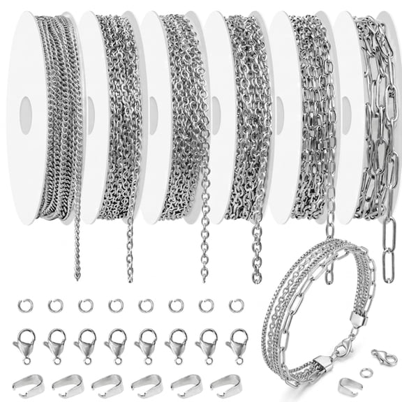 8 Rolls / 6 Rolls 304 Stainless Steel Jewelry Chains, Tarnish Resistant DIY Necklace Bracelet Making Kit With Jump Rings Lobster Clasps Connectors