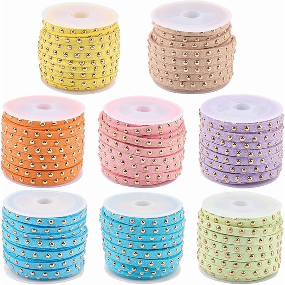 8 Rolls 8 Colors Suede Cord with Golden Tone Alloy Rivet For Punk Rock Jewelry Making Mixed Color 4~5x2.5mm about 5.46~5.47 yards(5m)/roll DIY