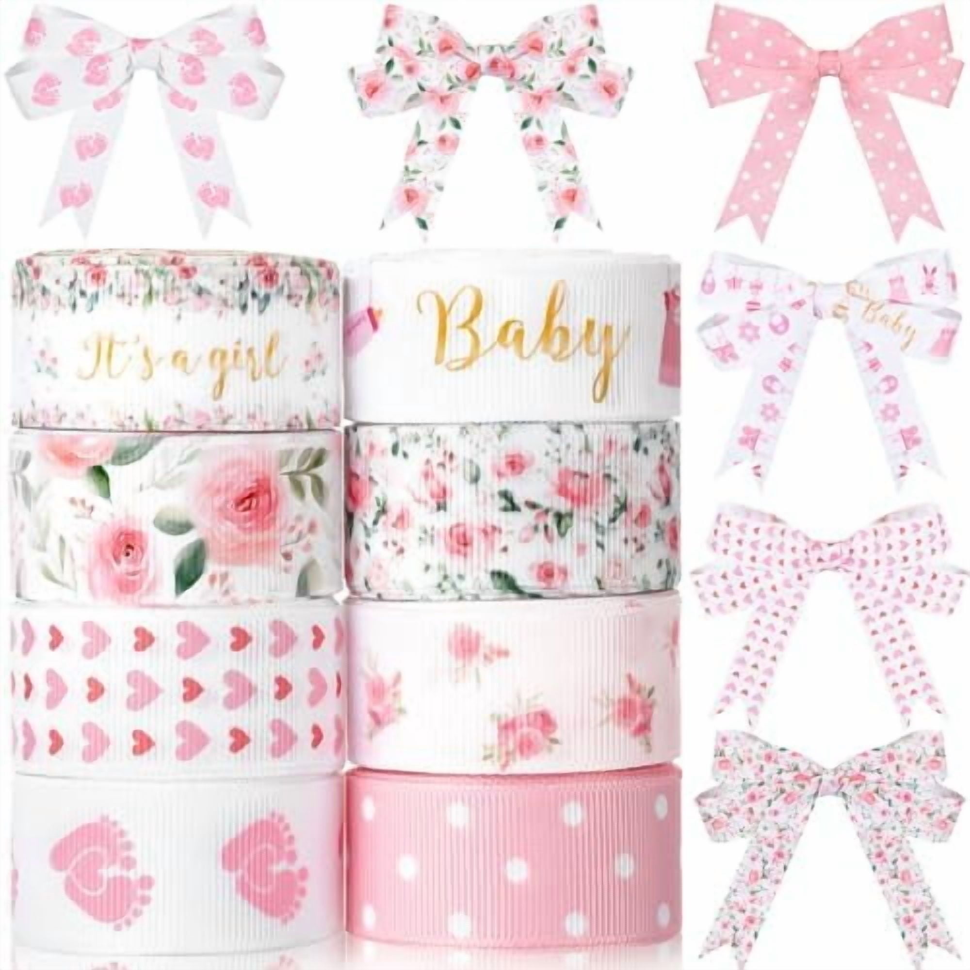 8 Rolls Floral Baby Shower Ribbon 7/8 Inch It's a Girl Baby Craft Ribbon Pink Rose Flower Print Grosgrain Ribbon for Gift Wrapping Baby Shower Gender Revel Party Diaper Cake Decor, 40 Yard Total