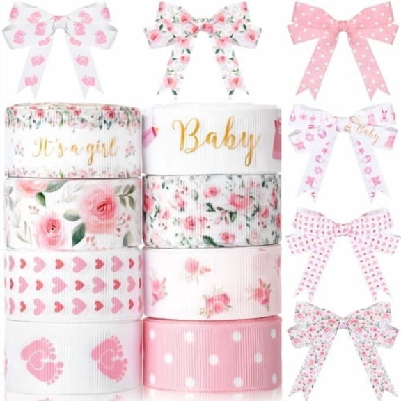 8 Rolls Floral Baby Shower Ribbon 7/8 Inch It's a Girl Baby Craft Ribbon Pink Rose Flower Print Grosgrain Ribbon for Gift Wrapping Baby Shower Gender Revel Party Diaper Cake Decor, 40 Yard Total