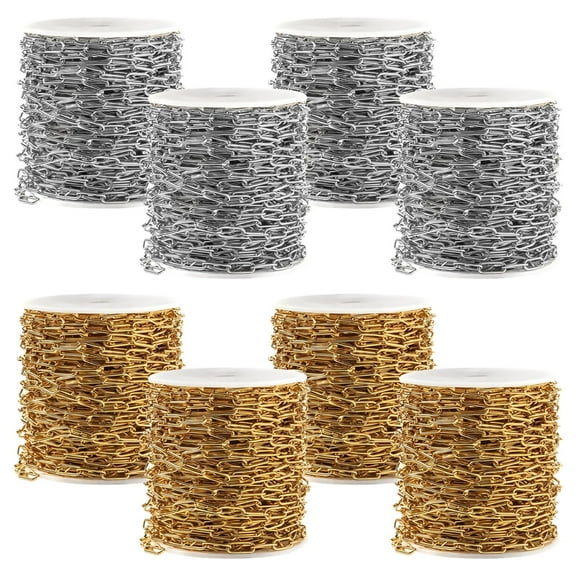 8 Rolls Oval Paperclip Chain, Oval Cable Chain for Jewelry Making, Gold & Silver Stainless Steel Paperclip Chain- Permanent Jewelry Starter Kit, DIY Charm Necklace Bracelet Supplies, Total 8.7 Yards
