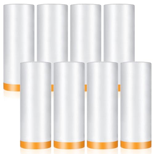 8 Rolls Painters Plastic with Tape, 5ft X 65ft Pre-Taped Masking Film Automotive Tape and Drape Tear-Resistant, Easy Application for Car Painting & Home Renovation