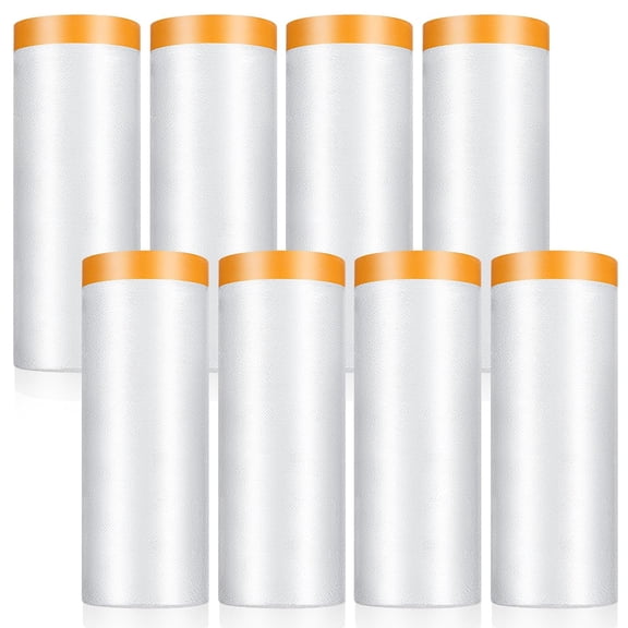 8 Rolls Painters Plastic with Tape, 5ft X 65ft Pre-Taped Masking Film Automotive Tape and Drape Tear-Resistant, Easy Application for Car Painting & Home Renovation