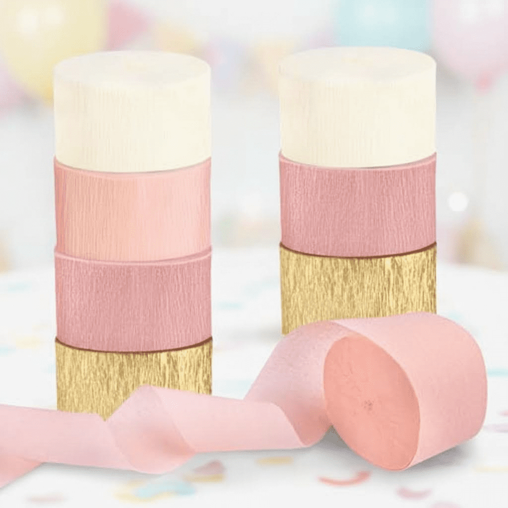 8 Rolls Pink Gold Crepe Paper Streamers for Wedding, Birthday, Bachelorette, Bridal Shower and Baby Shower Party Decorations