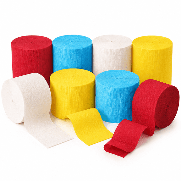 8 Rolls Red, Blue and Yellow Crepe Paper Streamers, Colorful Hanging Decorations for Birthday, Shower, Classroom and Circus Theme Party