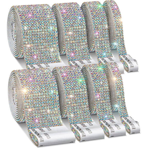 8 Rolls Rhinestone Ribbons, 8 Yard Silver Self Adhesive Rhinestone Ribbon, Bling Crystal Diamond Ribbon Roll Wrap Glittering Rhinestones Sticker for Decoration Car DIY Arts Crafts Wedding