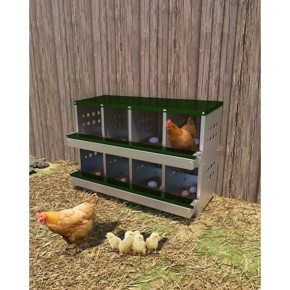 8 Room Galvanized Metal Chicken Nesting Boxes with Egg Collection Tray&8 Fake Training Eggs,Rustproof Poultry Laying Box with Perch Rod,for Chicken Coops and Hens Laying Eggs