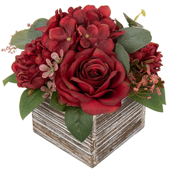 8"Roses Peonies Hydrangeas Artificial Flowers in Wooden Vase Potted Faux Flowers Centerpieces for Table Decor Red