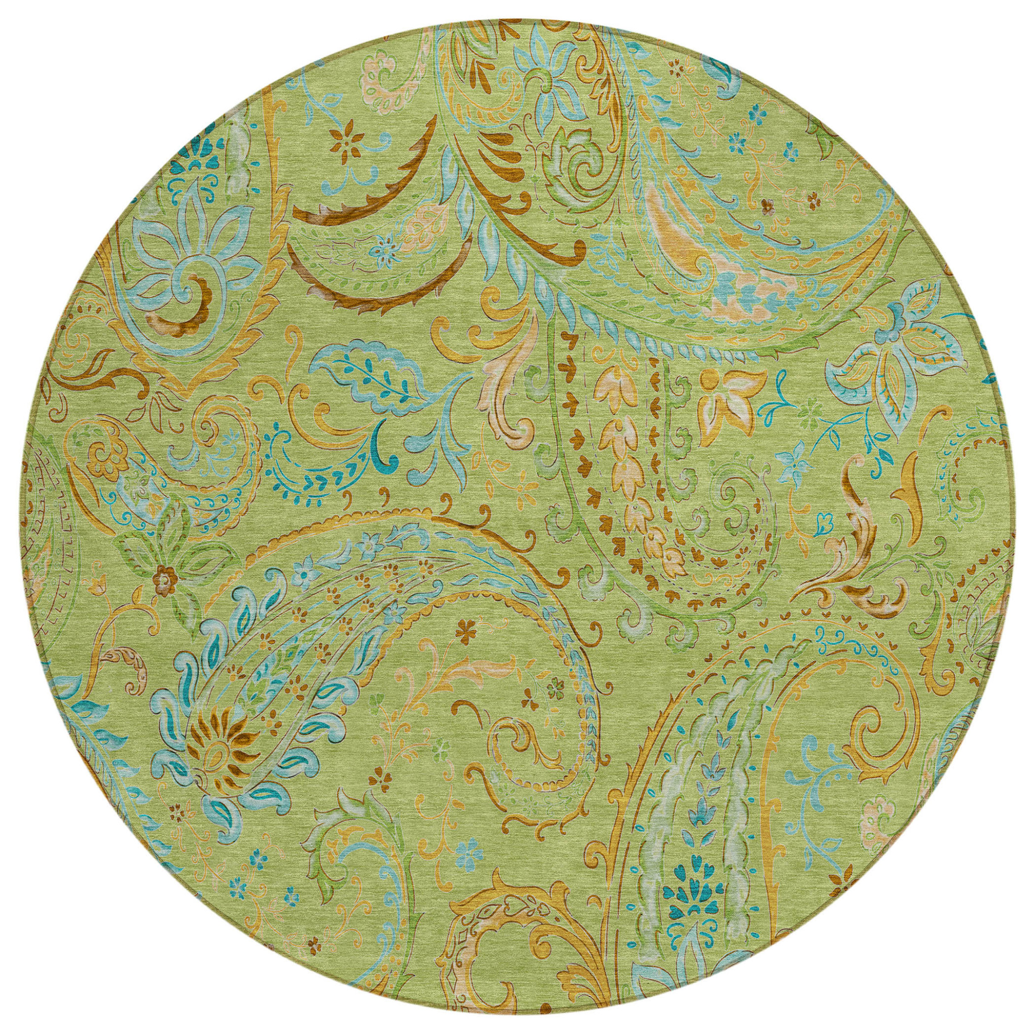 8' Round Artichoke Green Round Paisley Washable Non Skid Indoor Outdoor ...