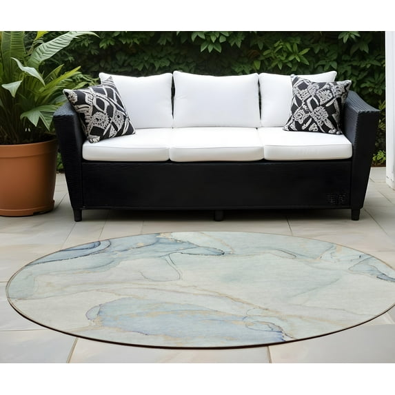 8' Round Beige and Blue Round Abstract Washable Non Skid Indoor Outdoor Area Rug