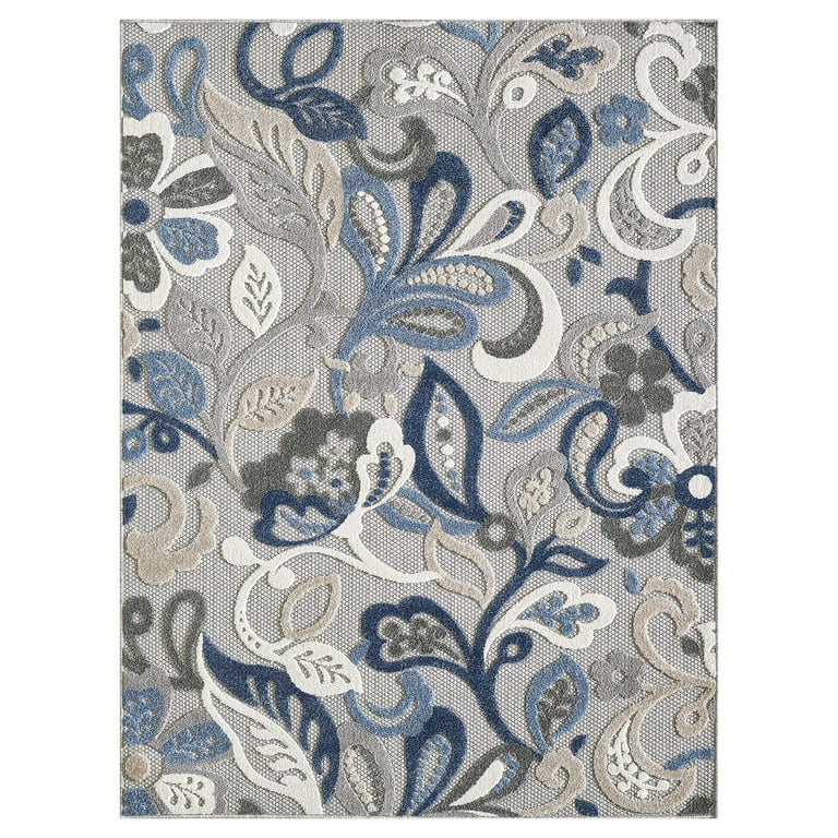 8' Round Blue And Gray Round Floral Indoor Outdoor Area Rug